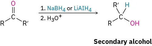 A ketone reacts with sodium borohydride or lithium aluminum hydride, then hydronium ion to form a secondary alcohol.