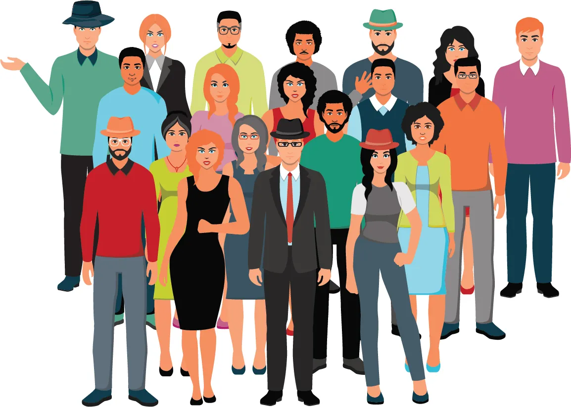 A group of 20 people. Five people are wearing hats.