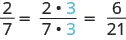 2 over 7 equals 2 time 3 over 7 times 3. The 3s are shown in red. This is set equal to 6 over 21.
