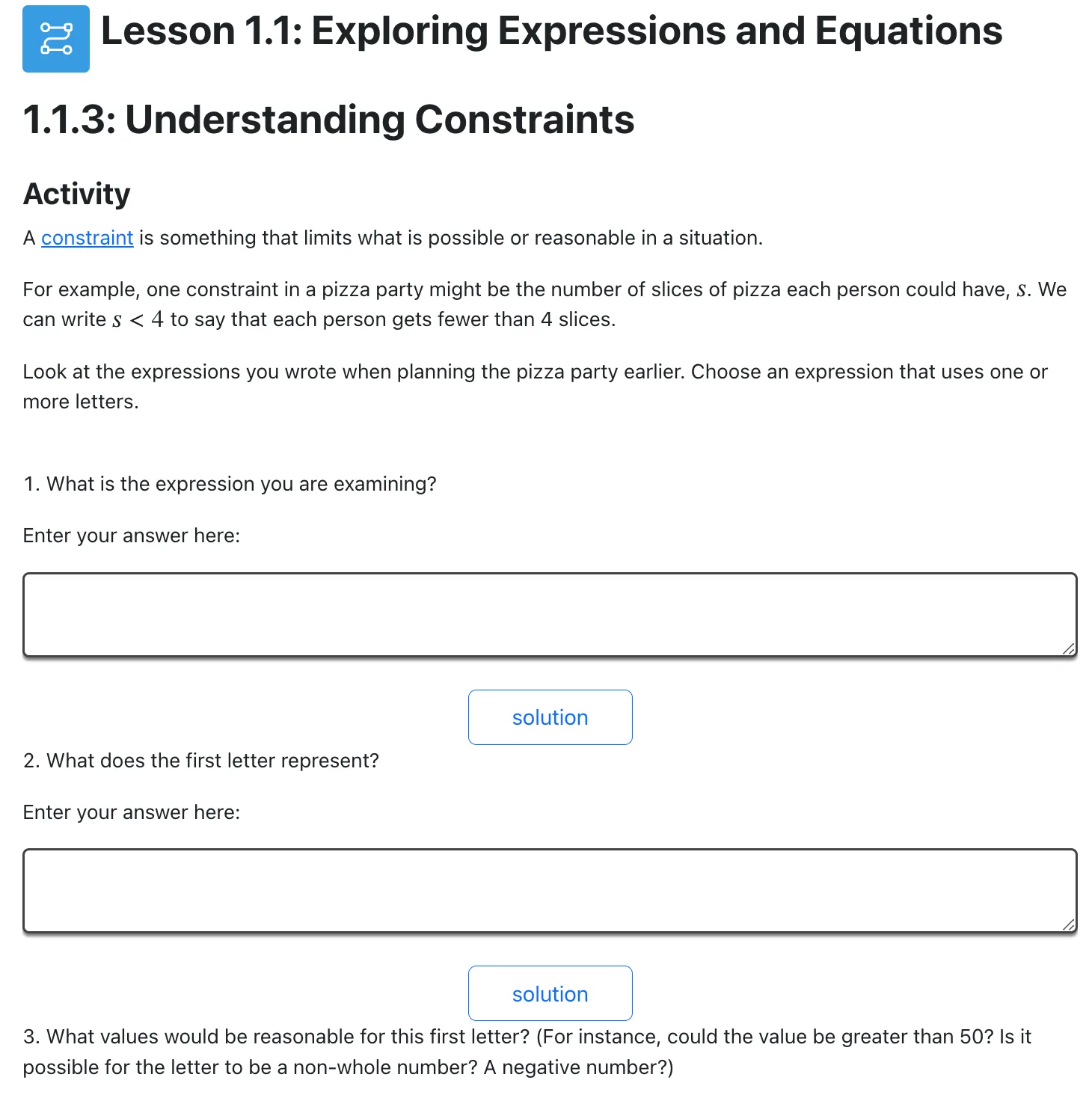 A screenshot from the curriculum showing questions that ask students to write algebraic expressions.