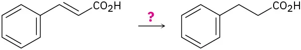 Cinnamic acid ((E)-3-phenyl prop-2-enoic acid) reacts with an unknown reagent represented as question mark to form 3-phenylpropanoic acid.
