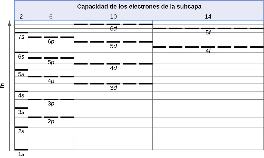 Se muestra una tabla titulada "Capacidad de los electrones de la subcapa". A lo largo de la parte izquierda de la tabla, se dibuja una flecha que apunta hacia arriba con la etiqueta "E". La tabla incluye tres columnas. La primera columna es estrecha y está etiquetada como "2". La segunda es ligeramente más ancha y lleva la etiqueta "6". La tercera es un poco más ancha y está etiquetada como "10". La cuarta es la más ancha y está etiquetada como "14". La primera columna comienza en la parte inferior con un segmento de línea horizontal etiquetado como "1 s". Los segmentos de línea uniformemente espaciados continúan hasta 7 s cerca de la parte superior de la columna. En la segunda columna, un segmento de línea discontinua horizontal etiquetado como "2 p" aparece en un nivel entre los niveles de 2 s y 3 s. Del mismo modo, 3 p aparece en un nivel entre 3 s y 4 s, 4 p aparece justo por debajo de 5 s, 5 p aparece justo por debajo de 6 s, y 6 p aparece justo por debajo de 7 s. En la tercera columna, una línea discontinua etiquetada como "3 d" aparece justo por debajo del nivel de 4 p. Del mismo modo, 4 d aparece justo por debajo de 5 p, y 5 d aparece justo por debajo de 6 p. Sin embargo, seis d aparece por encima de los niveles de 6 p y 7 s. Las entradas de la columna de la derecha comienzan con una línea discontinua etiquetada como "4 f", situada en un nivel justo por debajo de 5 d. Del mismo modo, aparece un segundo segmento de línea discontinua justo por debajo del nivel de 6 d, que se etiqueta como "5 f".