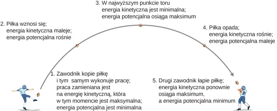 Obrazek przedstawia tor lotu piłki oraz jej energię. Punkt pierwszy na obrazku przedstawia jak jeden z zawodników kopie piłkę, wykonując tym samym pracę, którą nadaje piłce maksymalną energię kinetyczną. Energia kinetyczna jest w tym momencie minimalna. W punkcie drugim piłka wznosi się, natomiast jej energia kinetyczna spada, a potencjalna rośnie. Punkt trzeci przedstawia piłkę znajdującą się na maksymalnej wysokości swojego lotu - energia kinetyczna piłki jest minimalna, a potencjalna osiąga maksimum. Gdy piłka obniża swój lot, prezentuje to punkt czwarty, energia kinetyczna rośnie, a potencjalna maleje. W punkcie piątym drugi zawodnik łapie piłkę na tej samej wysokości nad ziemią z jakiej została wykopana. Energia kinetyczna piłki jest maksymalna, a potencjalna minimalna.