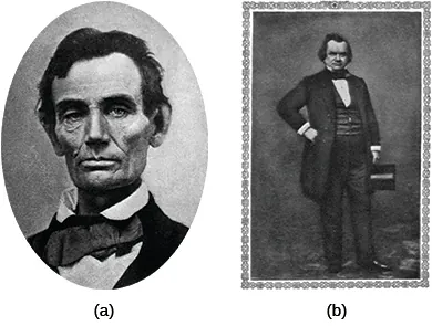 Photograph (a) is a portrait of Abraham Lincoln. Photograph (b) is a portrait of Stephen Douglas.