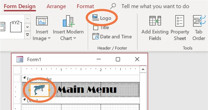Logo is highlighted in the Header/Footer command group on the Form Design tab. An image of a shark is inserted to the left of the Main Menu text box in Form Header.