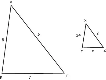 The first figure is triangle A B C with side A B 8 units long, side B C 7 units long, and side A C b units long. The second figure is triangle X Y Z with side X Y 2 and two-thirds units long, side Y Z x units long, and side X Z 3 units long.