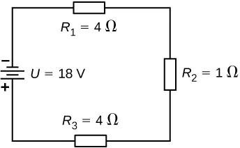 Rysunek pokazuje zacisk ujemny źródła napięcia 18 V połączonego szeregowo z trzema opornikami, R ze znakiem 1 dla 4 Ω, R ze znakiem 2 dla 1 Ω i R ze znakiem 3 dla 4 Ω.