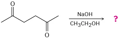 A six-carbon chain with oxo groups on C 2 and C 5 reacts with sodium hydroxide and ethanol to form an unknown product.