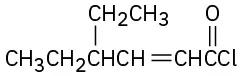 The structure shows six-carbon chain where C 1 is a carbonyl group with a chlorine atom attached to it. There is a double bond between C2 and C3 and an ethyl group on C4.