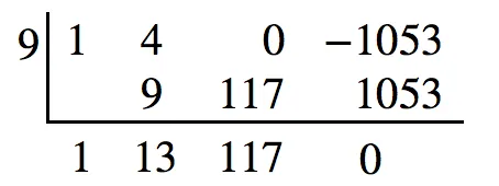 Synthetic division for a polynomial with coefficients 1, 4, 0, -1053, divided by 9. The result is 1, 13, 117 with a remainder of 0.