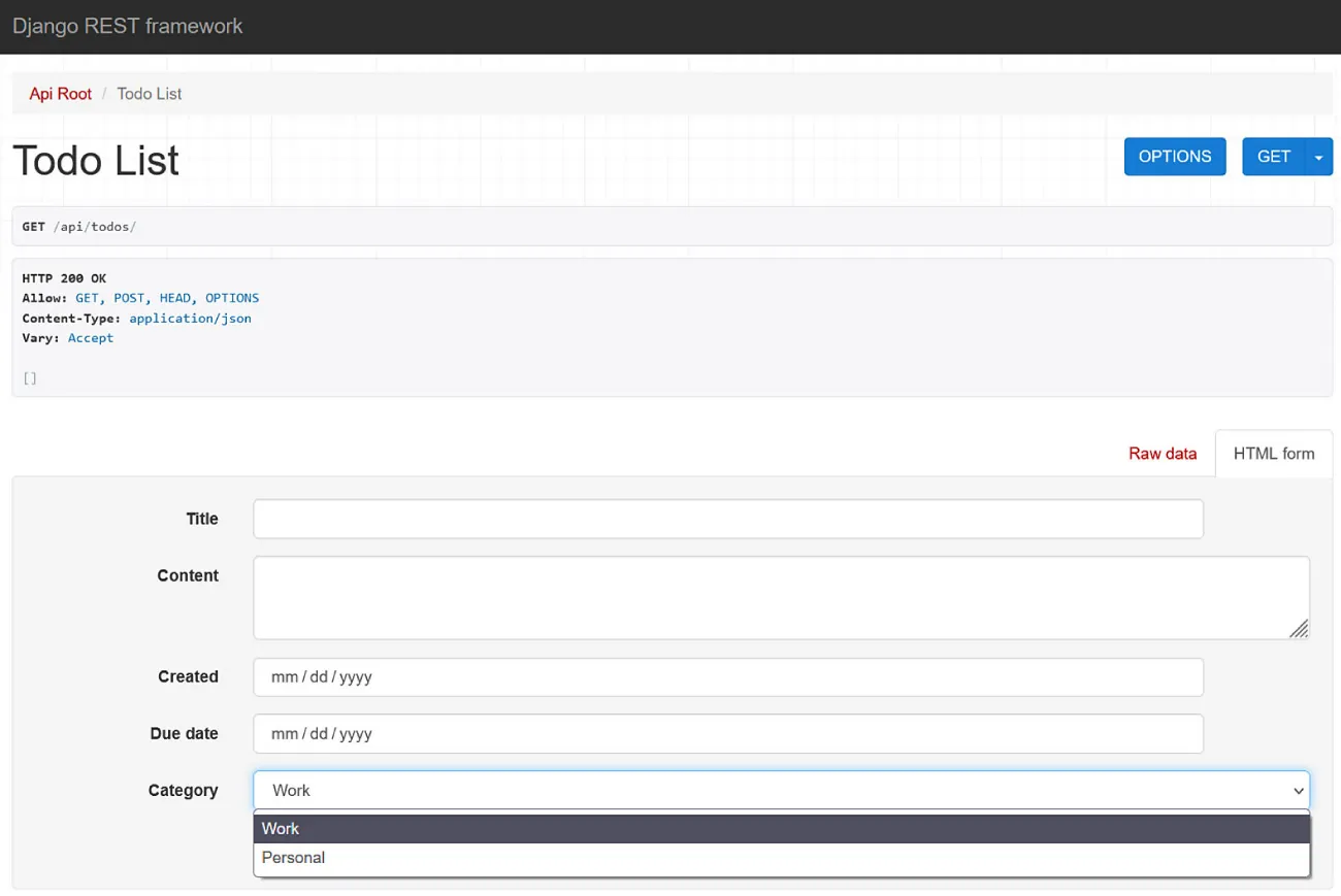 Screenshot of Todo List with drop down category showing Work and Personal.