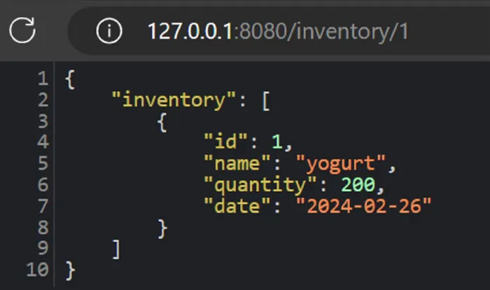 A screenshot shows the following: {“inventory”: [ { “id”: 1, “name”: “yogurt”, “quantity”: 200, “date”: “2024-02-26 }] }.