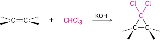 A reaction shows an alkene reacting with trichloromethane in the presence of potassium hydroxide to form a cyclopropane, in which C 1 is bonded to two chlorine atoms.