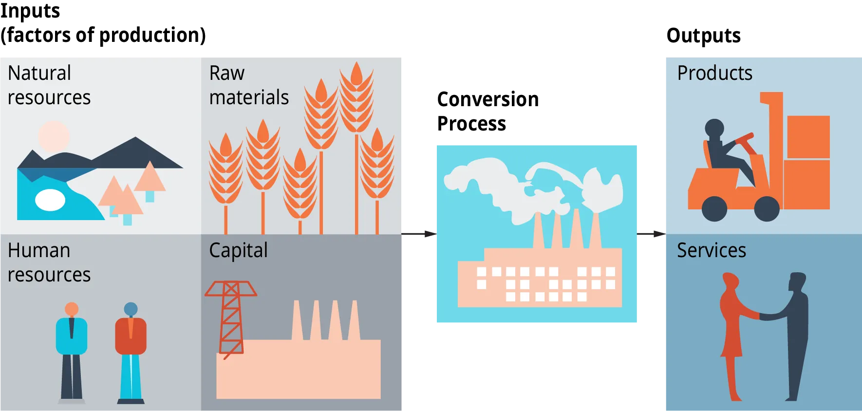 Diagram shows the inputs, which are factors of production, as natural resources, human resources, raw materials, and capital. A conversion process takes place, and the outputs are products and services.