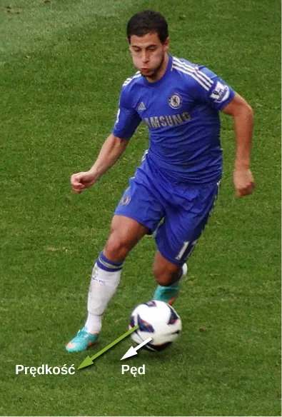 Zdjęcie przedstawia piłkarza kopiącego piłkę. Do piłki dorysowano dwa równoległe do siebie wektory wskazujące kierunek, w którym zostanie ona kopnięta. Wektory opisano etykietami: prędkość (wektor dłuższy) i pęd (wektor krótszy).