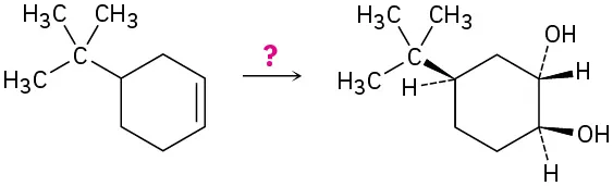 4-t-butylcyclohexene reacts with unknown reagent(s) to produce cyclohexane with (counterclockwise) wedge hydroxide on C 1, dash hydroxide on C 2, wedge t-butyl on C 4.