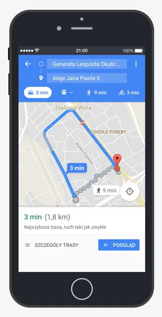Zdjęcie przedstawia iPhone'a firmy Apple, na którym wyświetla się mapa z wyznaczoną trasą.
