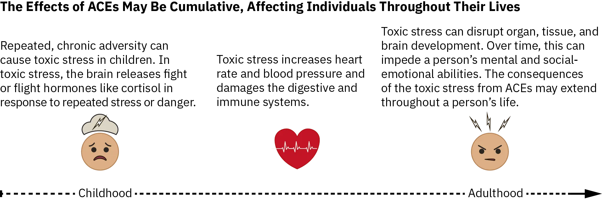 An illustration shows how adverse childhood experiences can effect people throughout their lives. In childhood, repeated chronic adversity can cause toxic stress, which releases fight or flight hormones like cortisol. Toxic stress increases heart rate and blood pressure and damages the digestive and immune systems. Toxic stress can disrupt organ, tissue, and brain development. This can impede a person's mental and social abilities, extending the consequences of toxic stress from A C E throughout a person's life.