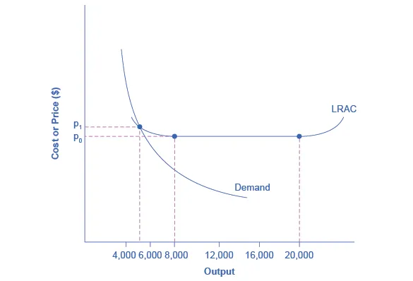 The graph represents a natural monopoly as evidenced by the demand curve intersecting with the downward-sloping part of the LRAC curve.