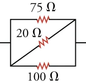 The figure shows a horizontal circuit with three resistors. Two horizontal resistors are connected on both ends and labeled 75 ohms and 100 ohms. A third resistor is connected diagonally across the two resistors and labeled 20 ohms.