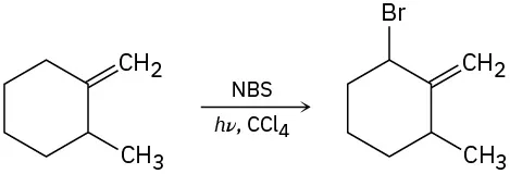 1-methyl-2-methylidenecyclohexane reacts with N-bromosuccinimide, light, and carbon tetrachloride to form 3-bromo-1-methyl-2-methylidenecyclohexane.