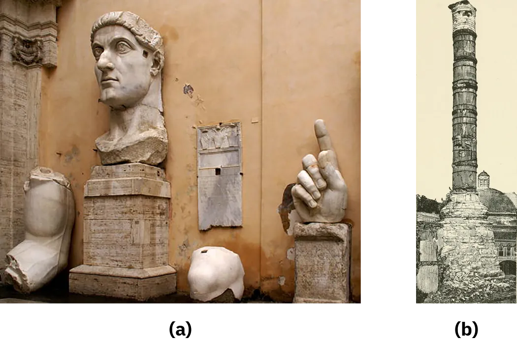 Image a shows a picture of broken pieces of a statue are shown in a row. At the left a piece of a bicep and elbow lean against a pale orange wall with veins shown running in the arm. Next to that is a stone pedestal with a stone neck and face. The chin has a cleft in it and the nose is large. The statue’s eyes are round and look up and there is a crown around the head. A small square is cut out on the statue’s left temple. Next to the head a piece of a knee lies on the ground with a tablet hanging on the wall above it. The rectangle tablet has carvings at the top, a blank space underneath, and faded words carved in the bottom half. To the right on a short pedestal is a statue of a right hand with the pointer finger and thumb pointed up, while the other three fingers point down. The nails are short and there are some cracks in the hand. The wall behind the statue pieces is orange and faded and has water stains all over. The left portion shows an adjoining wall that appears to be stone with some carving at the top. Image b shows a picture of a tall, round, stone column is shown. The column is made up of cylindrical portions with lines running vertically until the last portion on top, where the lines turn horizonal. A small square stone sits at the top. The pedestal is made up of rectangular bricks. Rubble is seen at the bottom and to the left are some wooden looking square objects. A building is in the background on the right with a half circle dome on top, topped with a small round structure with another circular dome. The background shows yellow sky and some trees.