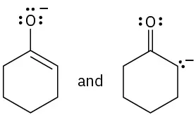 Two structures are shown. The first structure has a cyclohexene ring with an oxygen anion at C1. The second structure has a cyclohexanone ring with a negative charge at C2.
