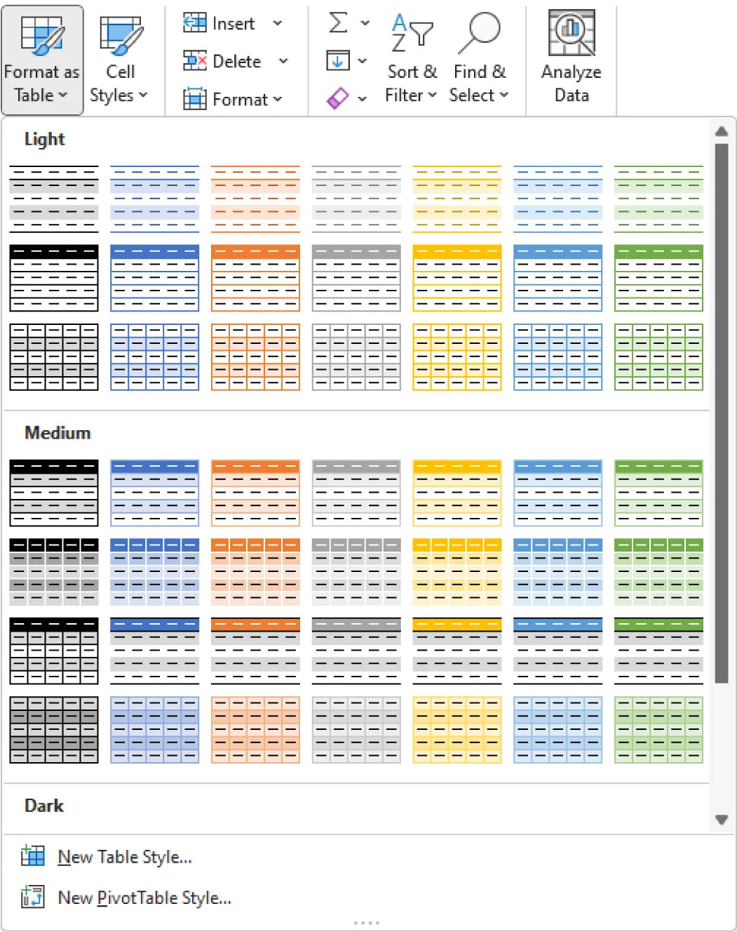 Format as Table button opens to options for Light, Medium, and Dark. At the end of the list there are options for New Table Style and New PivotTable Style.