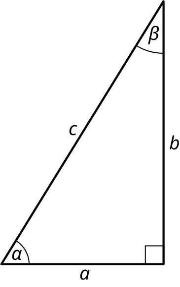 A right triangle. The legs are labeled b and a. The hypotenuse is labeled c. The angles at the top, bottom-left, and bottom-right are labeled beta, alpha, and 90 degrees.