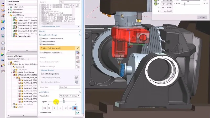 A simulation software screen shows a complex menu with many choices for selecting the part, process, speed of the simulation, and other controls. On the main portion of the screen, the diagram of the printing build shows the part being manufactured as well as the printer head very close to it. The part has multiple surfaces and a combination of thin walls and a cylindrical opening. 