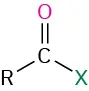 The structure of an acid halide where an R group is attached to a carbonyl group which in turn is attached to an X group.
