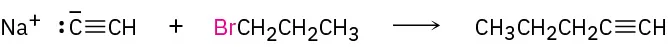 Sodium acetylide ion reacts with bromopropane to form 1-pentyne.