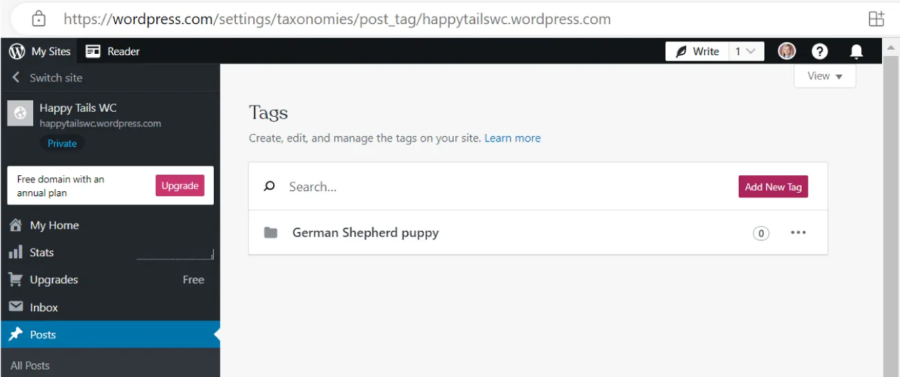 A Tags window in WordPress displays aSearch bar. A red Add New Tag button is at the top right. A file for German Shepherd puppy is listed below.