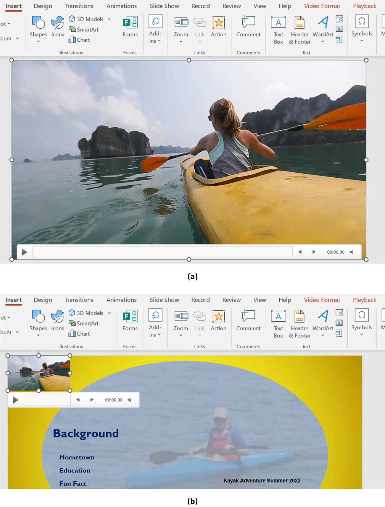 Image A shows a PowerPoint screen with a video of a woman kayaking shown. Image B shows a PowerPoint screen with the same video of the woman kayaking in a smaller frame.