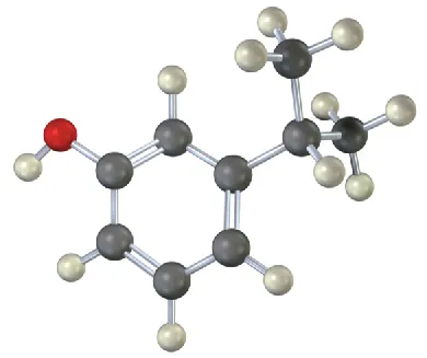 The ball-and-stick model of a molecule has a 6-membered ring with alternate double bonds. C 1 is bonded to hydroxyl. C 3 is bonded to an isopropyl group.
