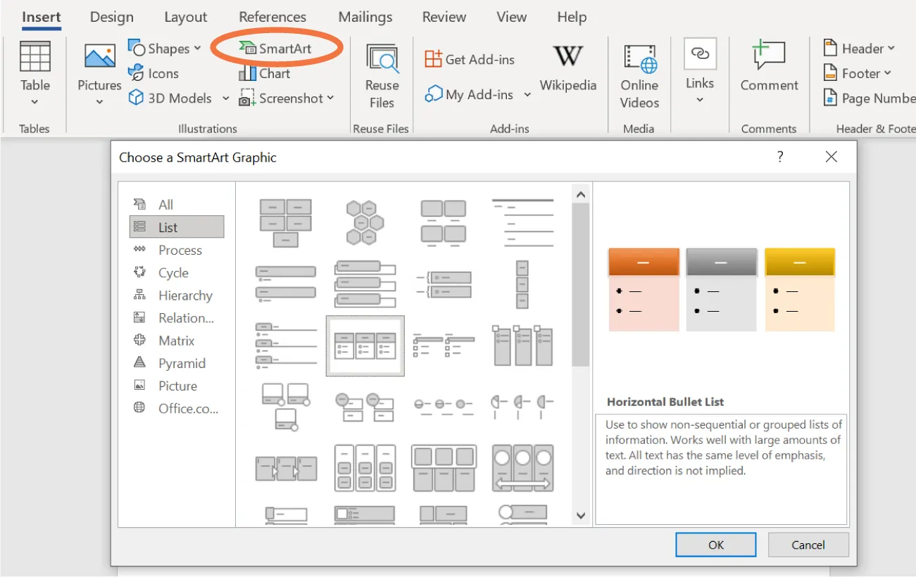 SmartArt is selected in Illustrations command group. Choose a SmartArt Graphic pane is open, List is selected. Middle pane displays list options. Horizontal Bullet is selected at right.