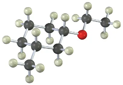 The ball-and-stick model of the compound in which a six-membered ring is bonded with an ethyl group via an ether linkage.