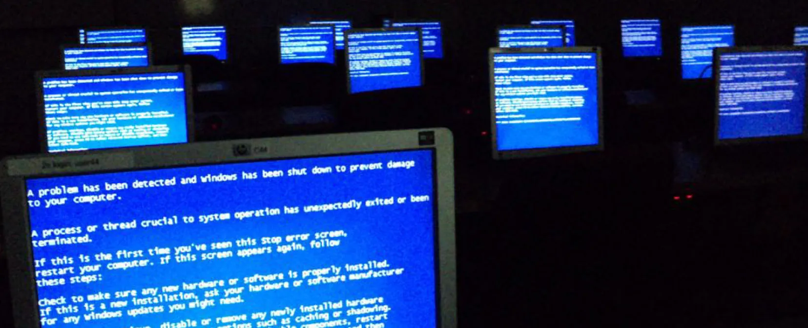 A color photograph shows several computer monitors with blue error screens.