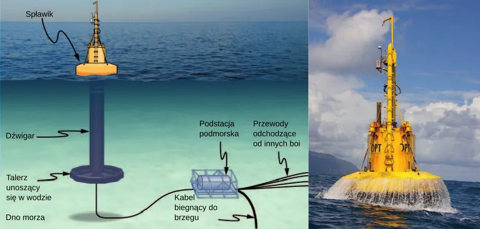 Fotografia pokazuje boję wytwarzającą prąd elektryczny na morzu. Konstrukcja boi jest następująca. Na powierzchni wody spoczywa spławik, od którego odchodzi dźwigar, zakończony talerzem, unoszącym się w wodzie. Boja połączona jest przewodem z podstacją podmorską. Do podstacji dochodzą również przewody od innych boi. Przewód odchodzący od boi biegnie do wybrzeża.