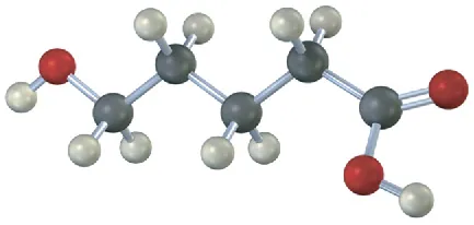 The ball-and-stick model shows a five-carbon chain with hydroxyl group at fifth carbon. The first carbon is a carboxyl group. Black, gray, and red spheres denote carbon, hydrogen, and oxygen.