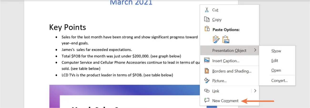 PowerPoint slide in Word is selected. Shortcut window open displays New Comment option indicated. Presentation Object selection opens to options for: Show, Edit, Open, and Convert.