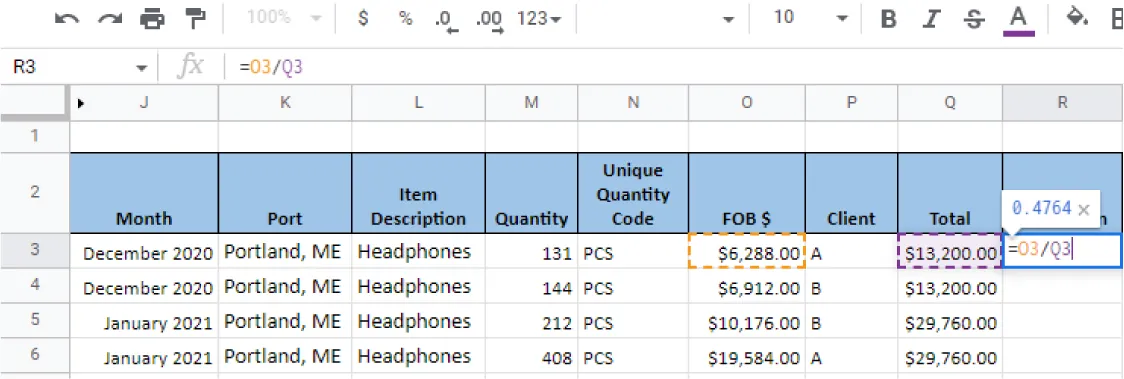 This spreadsheet shows previously empty cells Q5 and Q6 both filled in with “$29,760.00.” In cell R3, this is written: = O3/O3 with a text box above with $ 0.48 inside.