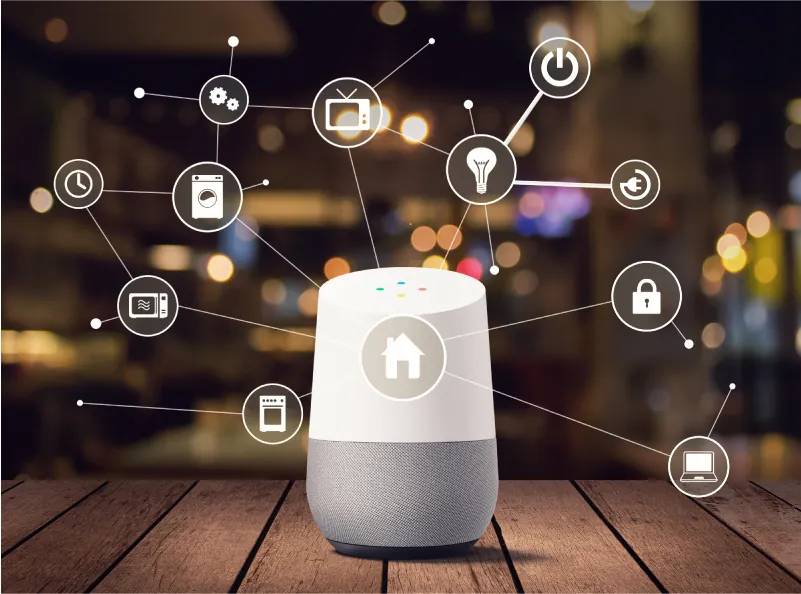 A white and gray tube-shaped device connects with drawn lines to icons of a house, stove, microwave, clock, washing machine, gears, television, lightbulb, power button, plug, lock, and laptop.
