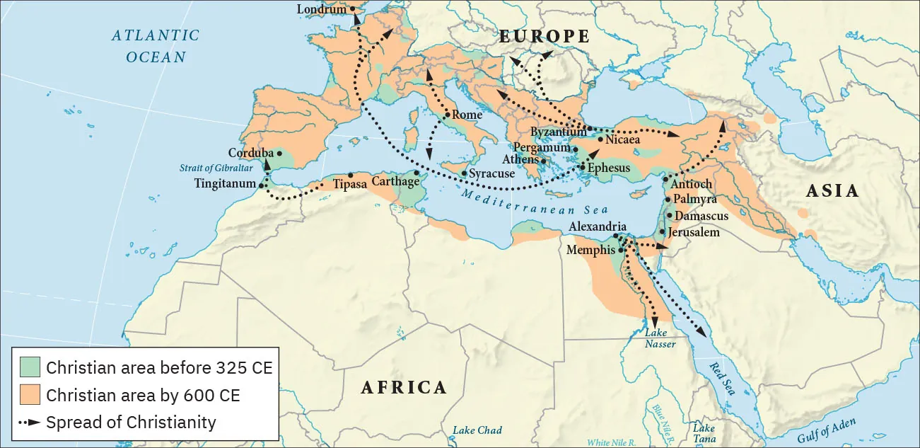 A map is shown. Land is highlighted beige and water is highlighted blue. White lines crisscross the map and blue and gray lines are shown on the land. Africa is labelled in the south, Europe in the north, and Asia in the east. The Atlantic Ocean is labelled to the northwest, the Mediterranean Sea is labelled in the middle, and the Red Sea and the Gulf of Aden are labelled in the southeast. Green areas labelled on the map indicate “Christian area before 325 CE.” Areas highlighted green include: small areas north and south of the Strait of Gibraltar, small areas all along the coast of the Mediterranean Sea, small areas to the east of the city of Londrum as well as south on the coast, small areas in the south of Europe, and small areas north and north east of the city of Nicaea. Orange areas labelled on the map indicate “Christian area by 600 CE.” Orange areas labelled on the map include: most of western Europe, southern Europe, small areas along the northern African coast, and a large area to the east of the Mediterranean Sea on the way to Asia. Black dotted arrows run throughout the map. One arrow begins just southwest of Tipasa in Africa and runs west, then turns north to head through the city of Tingitanum and then across the Strait of Gibraltar to the city of Corduba in Europe. Another black dotted line with arrows on both ends runs between the city of Ephesus in the northern part of the Mediterranean west and then north to the city of Londrum in northern Europe. It also splits off to the northeast before it hits Londrum. Two dotted arrow lines start in the city of Rome – one heads north and one heads south. Three dotted arrowed lines begin in the city of Byzantium – one heads east just north of the city of Nicaea, one heads northwest and one heads north into Europe, splitting into two. A dotted arrowed line begins in Antioch and heads northeast. Three lines begin in Alexandria – one heads south past the city of Memphis and toward Lake Nasser in Africa, one lines heads south through the middle of the Red Sea, and one heads east to just south of Jerusalem. Other cities labelled on the map, from west to east are: Syracuse, Athens, Pergamum, Palmyra, and Damascus.