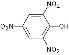 The structure has a phenol ring. C 2, C 4, and C 6 are each bonded to a nitro group.