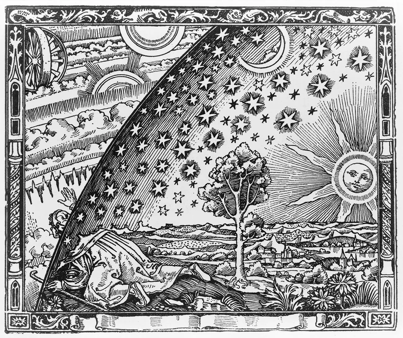 The image depicts a printing of a wood engraving in which a man crawls under the edge of the sky, depicted as if it were a solid hemisphere, to look at the mysterious cosmos beyond.