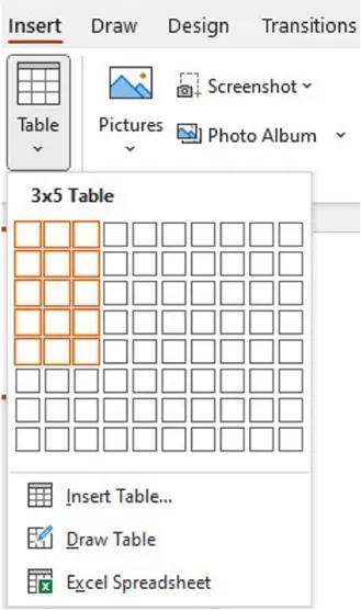 Screenshot of the Insert tab in PowerPoint with Table selected and an open pane with a 3x5 table highlighted on a 10x8 grid and Insert Table, Draw Table, and Excel Spreadsheet options.
