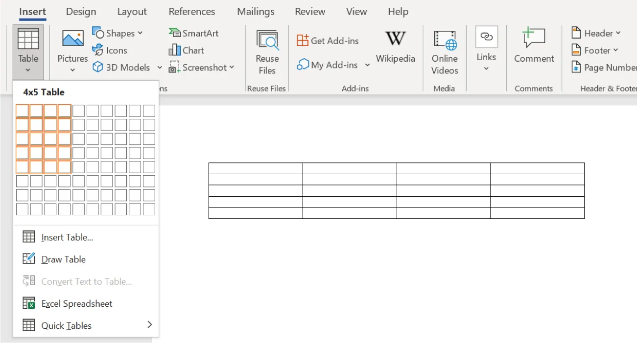 Table is selected and opens to a selection of a 4 x 5 Table. In the document, a blank table is visible with four columns and five rows.
