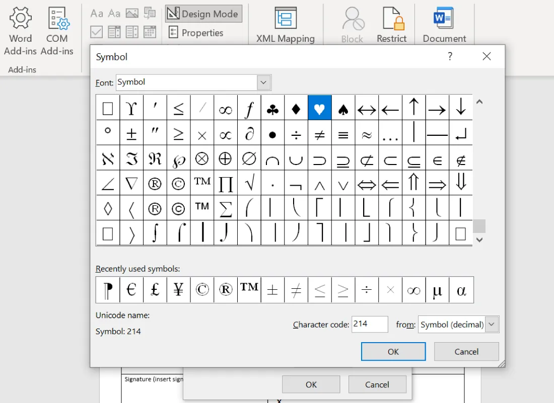 Symbol pane is open with Font drop-down at the top (Symbol selected). Rows of various symbols are visible (heart highlighted blue). Recently used symbols display at the bottom.