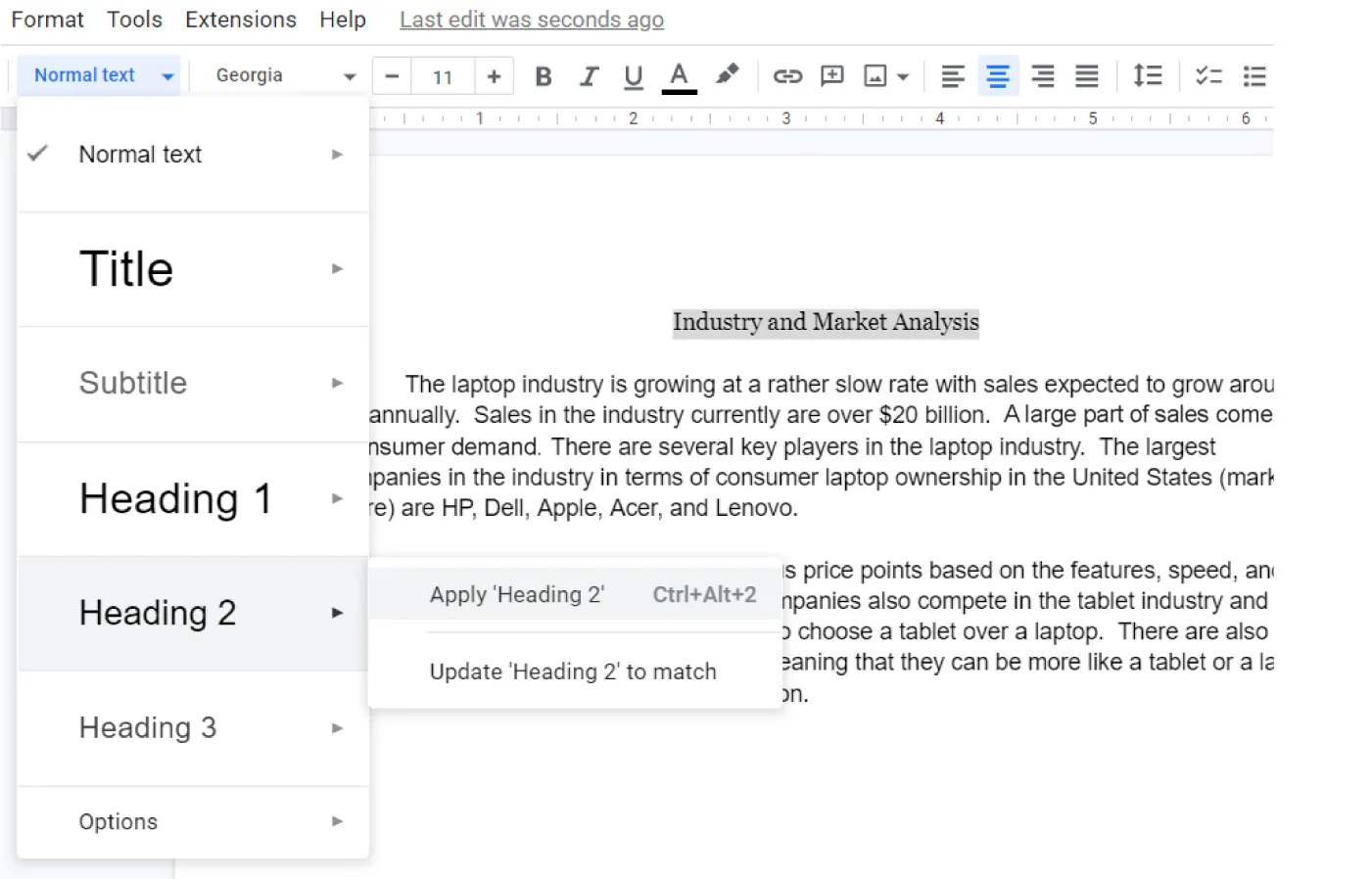 Normal text (selected) opens to a pane of various font selections. Heading 2 is selected and opens to Apply ‘Heading 2’ and Update ‘Heading 2’ to match. Heading is applied in document.